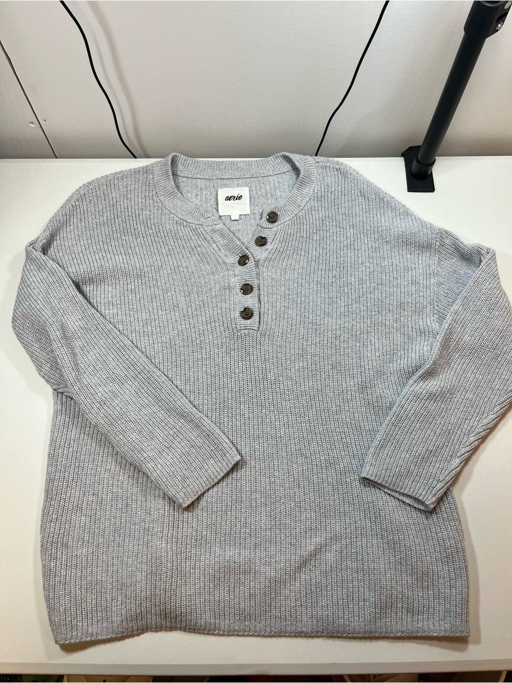 Aerie Gray Oversized Henley Knit Sweater Button Front Size XS